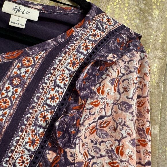 Style & Co Purple Pink Pattered Boho Cottage Long Sleeve Blouse Top Large - Picture 4 of 7